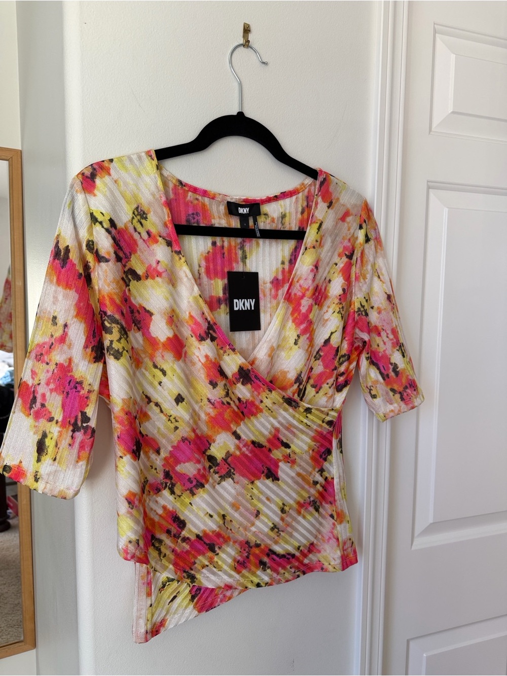 DKNY - Pink, Yellow, Cream V-Neck Short Sleeve Wrap Blouse for Spring & Summer